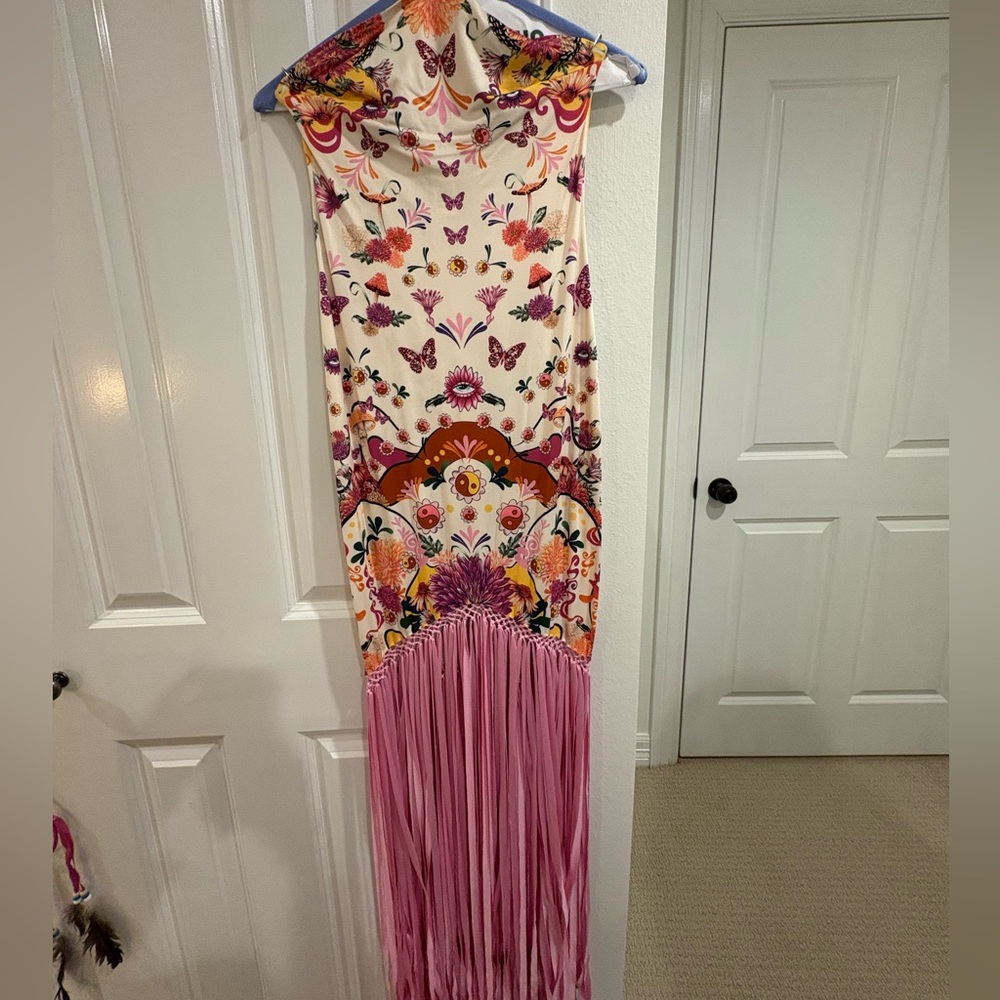 Agua Bendita Floral Maxi Dress with Pink Fringe